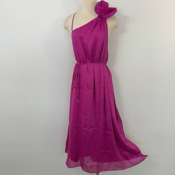 AJE Quintessa Flower Midi Dress in Deep Magenta Linen Silk Blend US 12 NWT - Picture 2 of 15